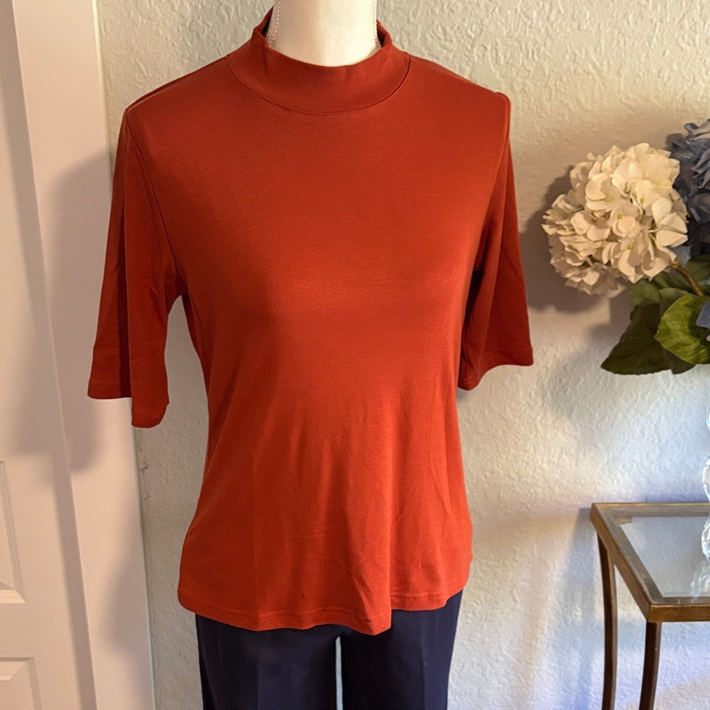Rust coloured mock neck, three-quarter sleeve knit top size medium